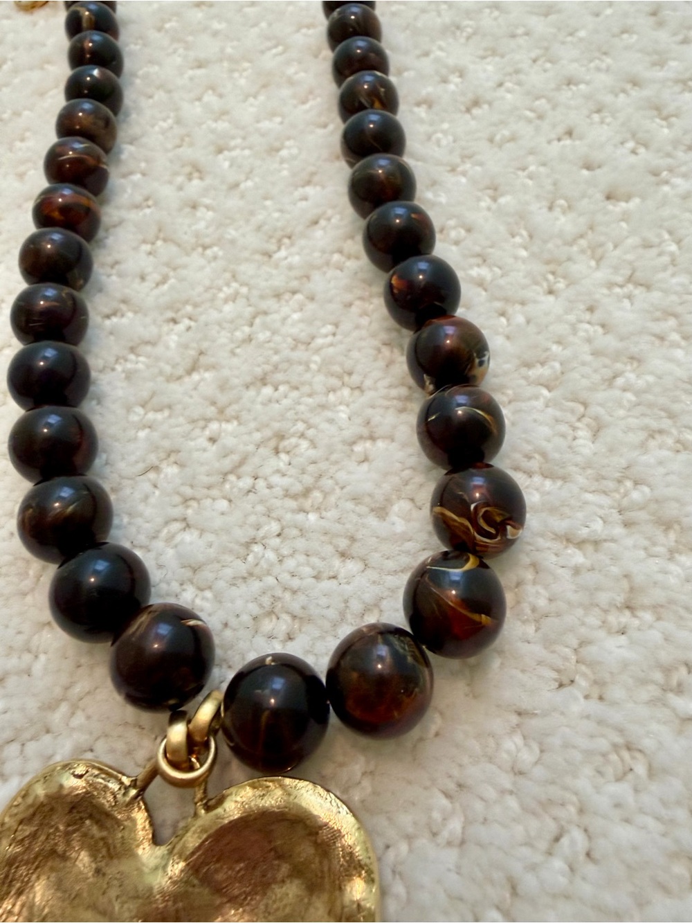 MONKEES YOCHI NY Gold Heart Pendant Chocolate Brown Beaded Statement Necklace